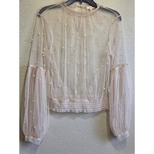 a peach Pearl Embellished Sheer Tulle Mock Neck Bishop Sleeve Blouse Top size L